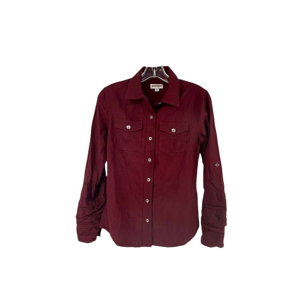 True Religion Utility Shirt Womens XS Burgundy Long Sleeve Roll Tab Button Up